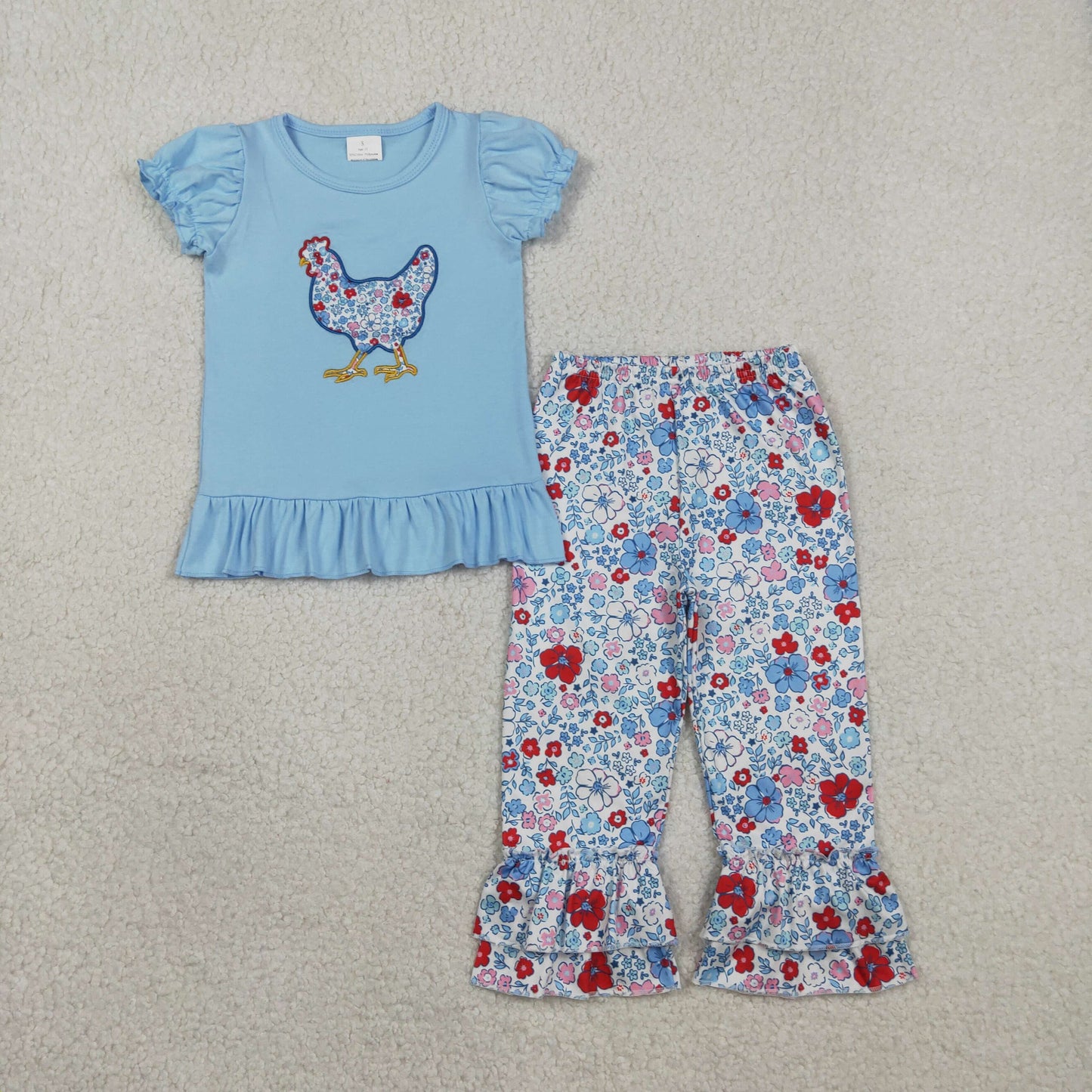 Embroidery GSPO2261 Chick Flowers Blue Short Sleeve Pants Girls Set