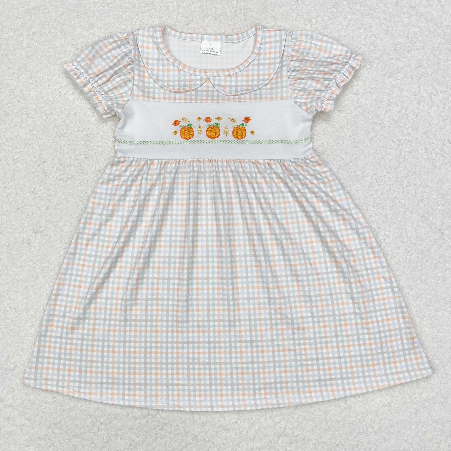 embroidery GSD1420 Autumn fall pumpkin checkered short sleeve girls dress