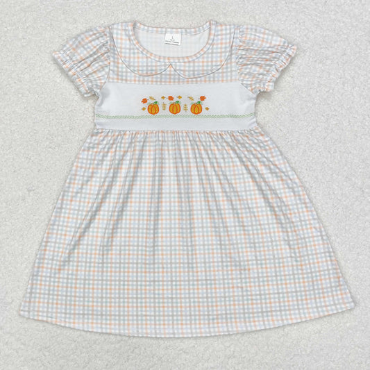 embroidery GSD1420 Autumn fall pumpkin checkered short sleeve girls dress