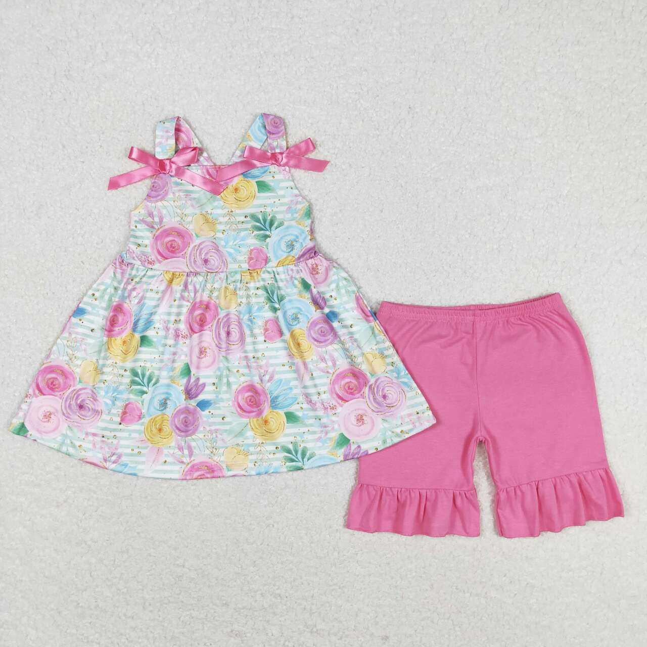 GSSO1007 multi color flowers blue sleeveless pink shorts girls set