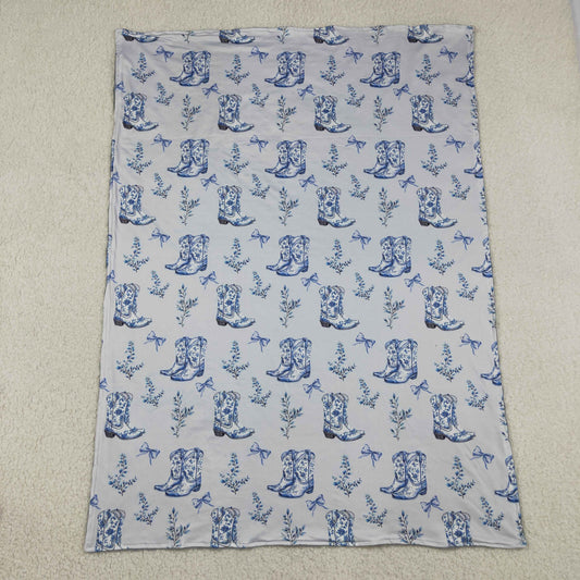 BL0229 Western boot bows blue baby blanket