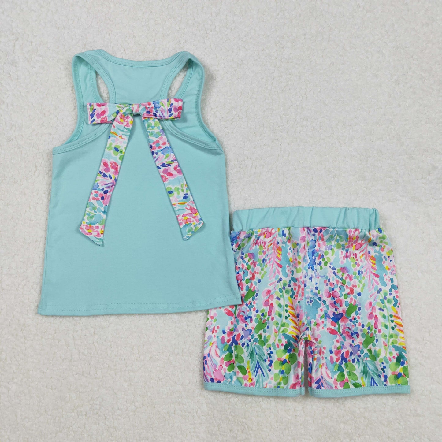 GSSO1982 Mint Pocket With Bows Top Colorful Printing Shorts Girls Set