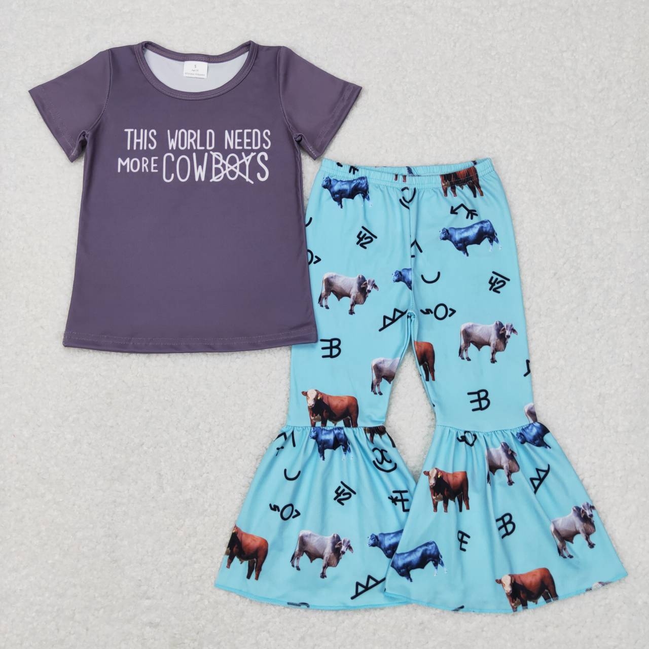 GSPO0939 Western cowboys short sleeve cow blue pants girls set