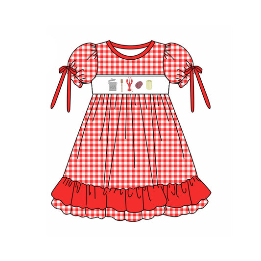 custom moq 3 Crayfish Corn Red Checkered Bow Short Sleeve Girls Dress