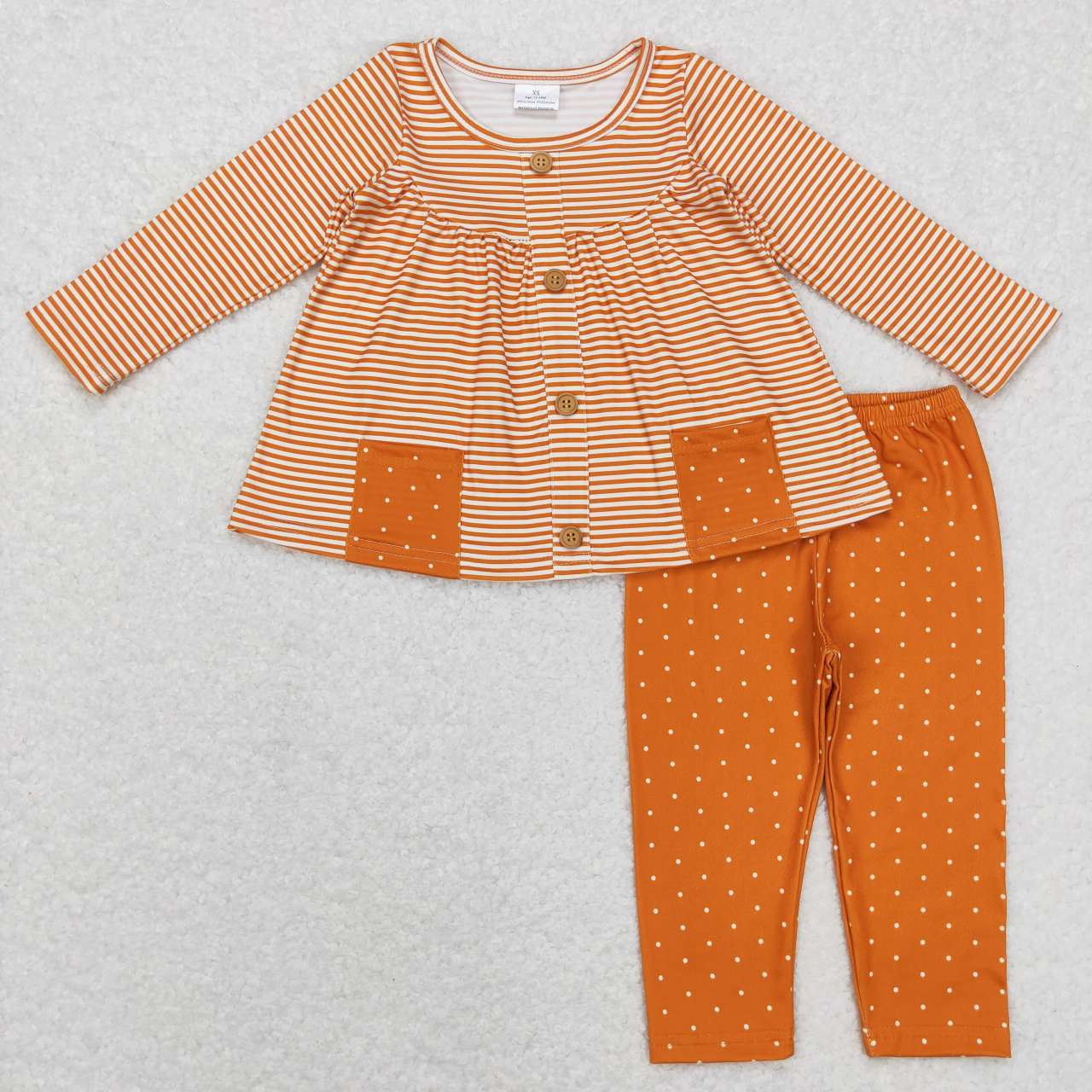 GLP0993 Khaki striped pocket long sleeve brown dot pants girls set