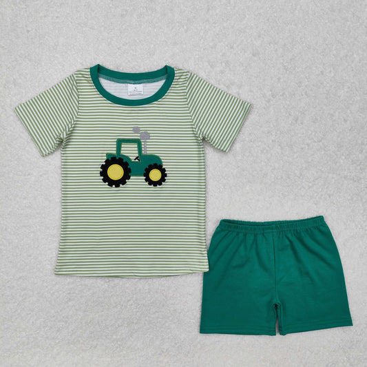 USA SHOP embroidery BSSO1184 Farm Tractor Green Striped Short Sleeve Green Shorts Boys Set