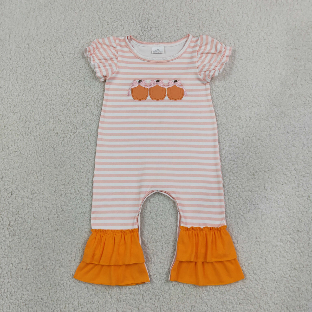 Embroidery SR4284 Pumpkin Bows Pink Striped Short Sleeve Girls Romper