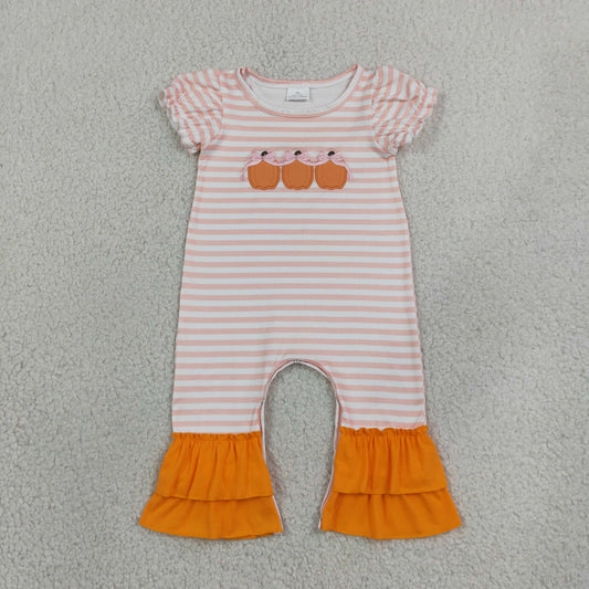 Embroidery SR4284 Pumpkin Bows Pink Striped Short Sleeve Girls Romper