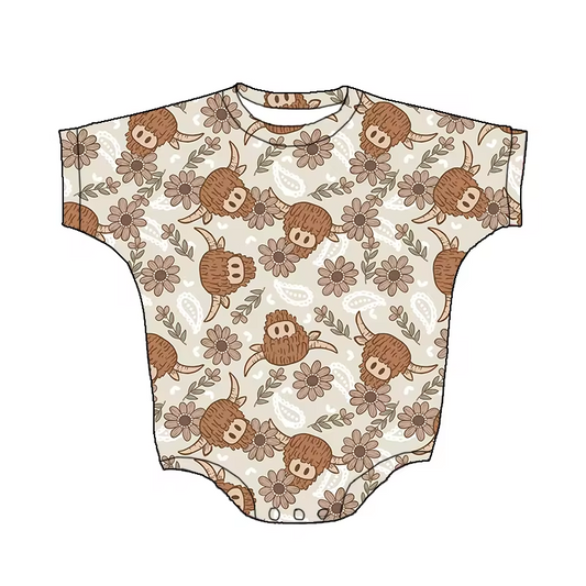 Custom flowers highland cow short sleeve girls romper