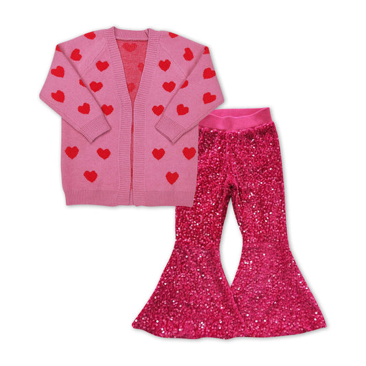 GLP1087 Valentine's Day heart pink sweater cardigan hot pink sequin pants girls set