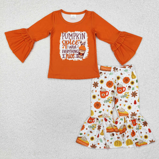 GLP1637 pumpkin spice orange long sleeve flowers pie pants girls set