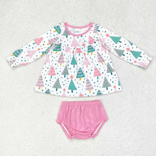 GBO0400 Christmas green tree long sleeve pink girls bummies set