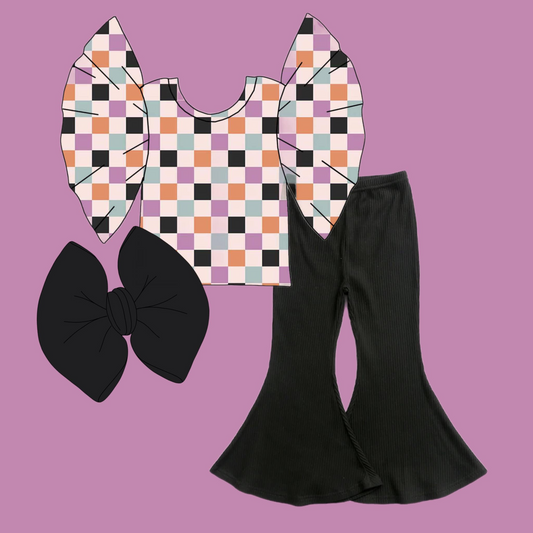 custom Colorful Plaid Print Short Sleeve Black Pants Girls Set