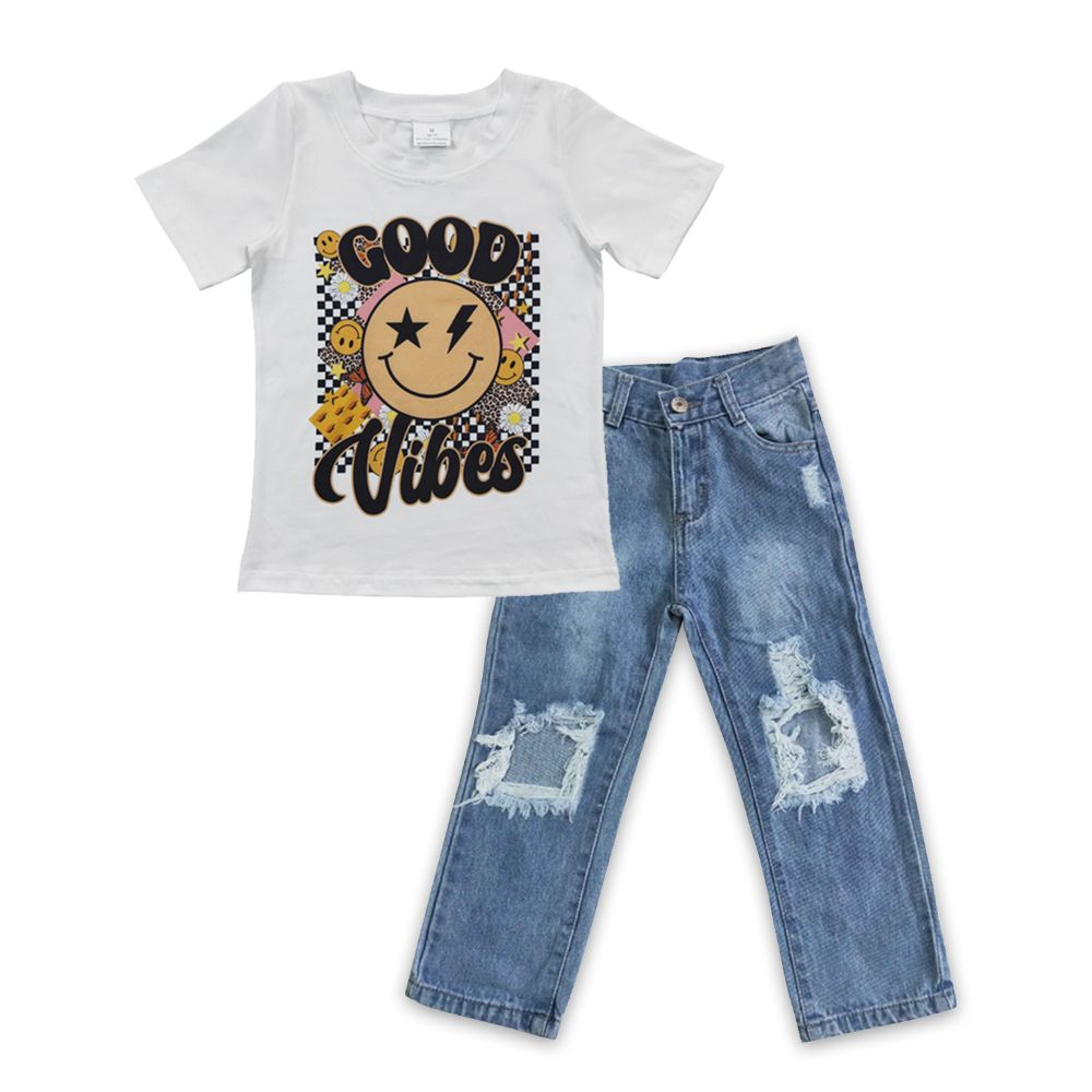 BSPO0109 Good smile short sleeve blue ripped denim pants boys set