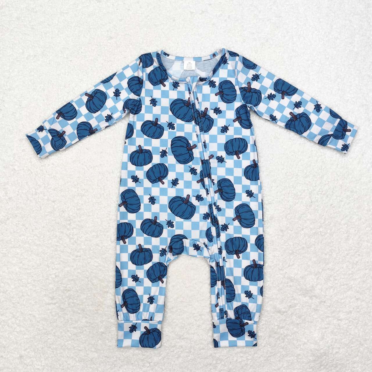bamboo LR1457 blue pumpkin checkered long sleeve zipper boys romper