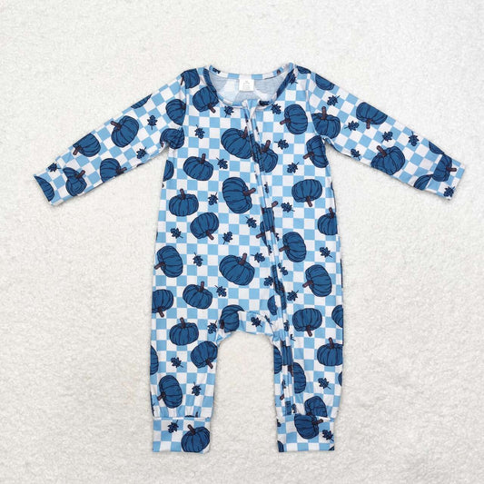 bamboo LR1457 blue pumpkin checkered long sleeve zipper boys romper