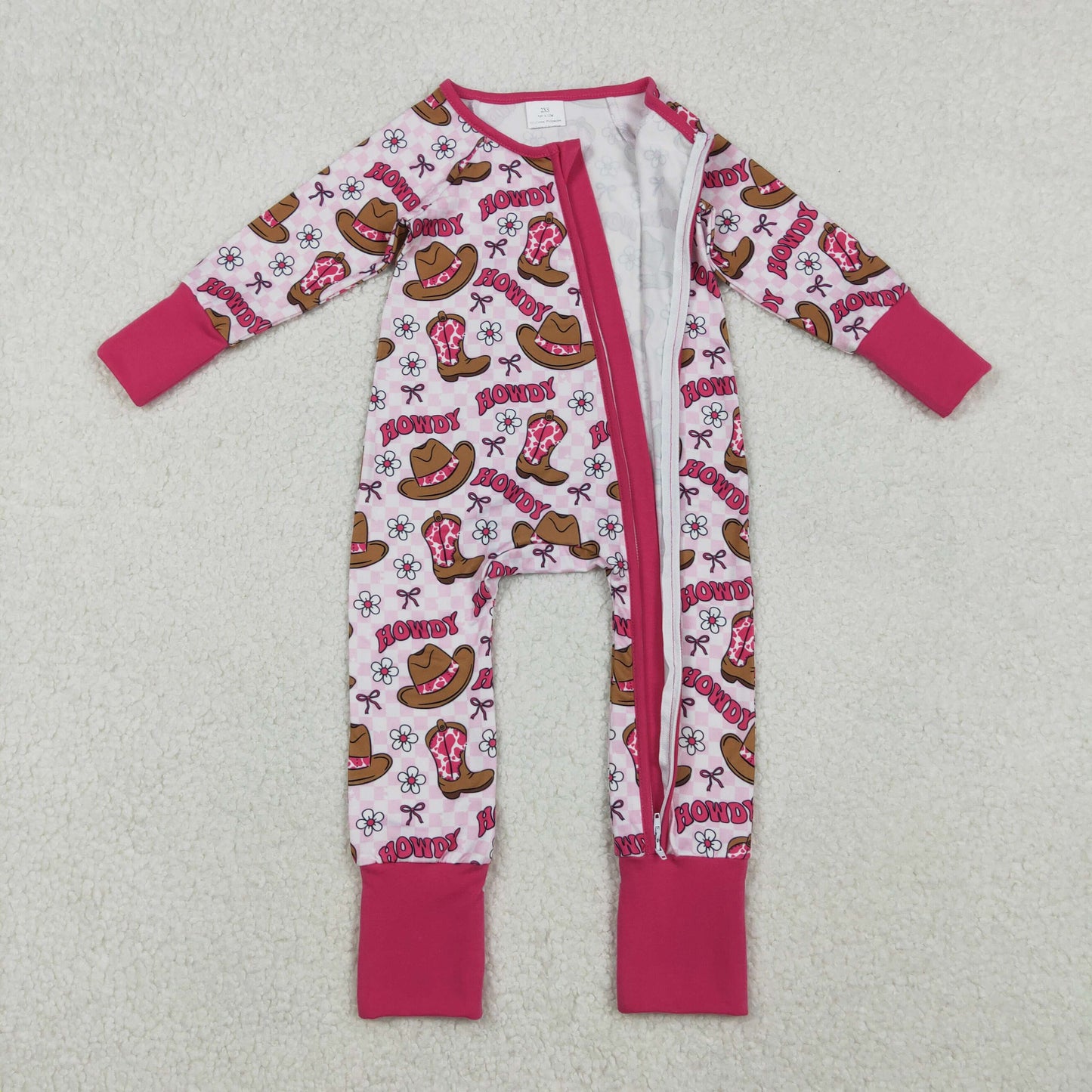 LR2516 Western howdy boot hot pink zipper long sleeve girls romper