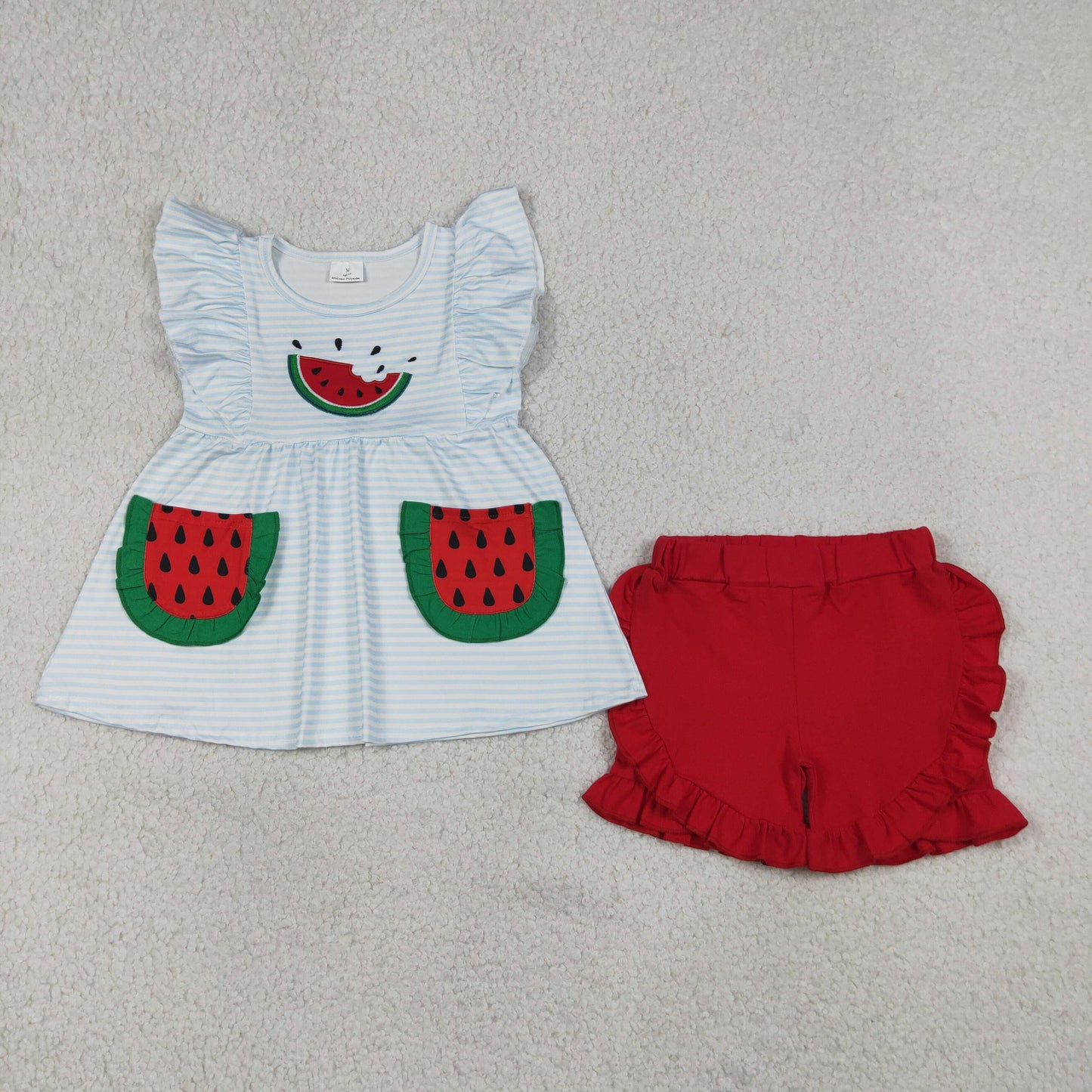 Embroidery GSSO3636 Summer Watermelon Pockets Flutter Sleeve Red Shorts Girls Set