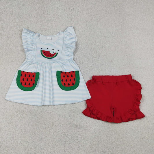 Embroidery GSSO3636 Summer Watermelon Pockets Flutter Sleeve Red Shorts Girls Set