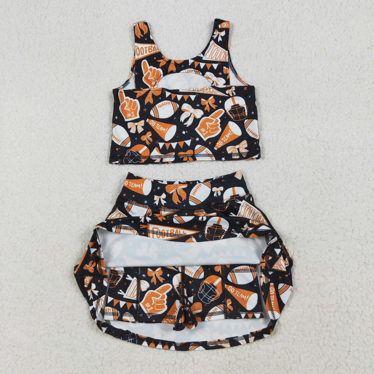 GSD2687 yoga football team cheer bows orange/black sleeveless skirt skorts girls set