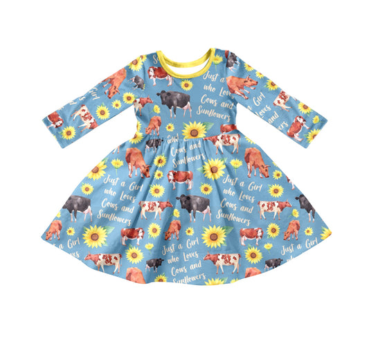 preorder GLD0402 animals cow sunflowers long sleeve girls dress