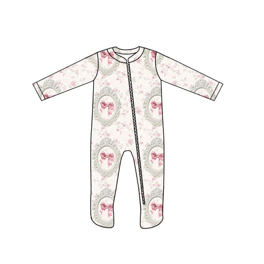 custom style pink bows 1 long sleeve zipper girls romper