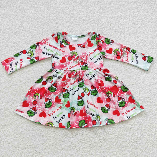 preorder GLD0257 Christmas Green Face Red Long Sleeve Girls Dress