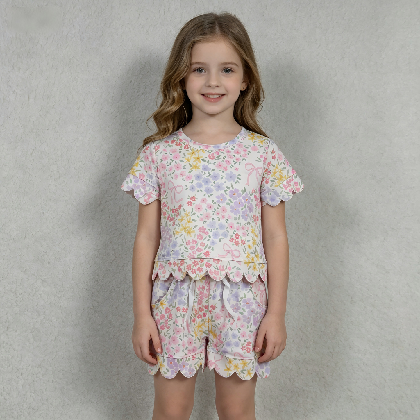 GSSO3270 Scallop Pink Bows Flowers Short Sleeve Shorts Girls Set