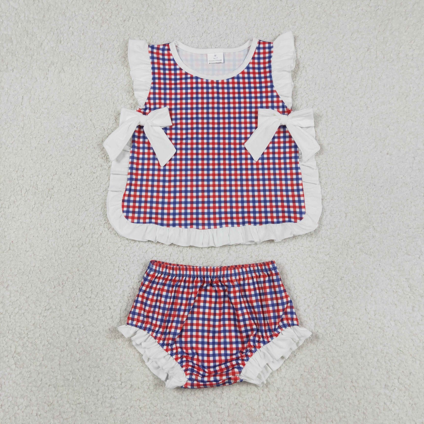 GBO0527 July 4th Red Blue Checkered Sleeveless Girls Bummies Set