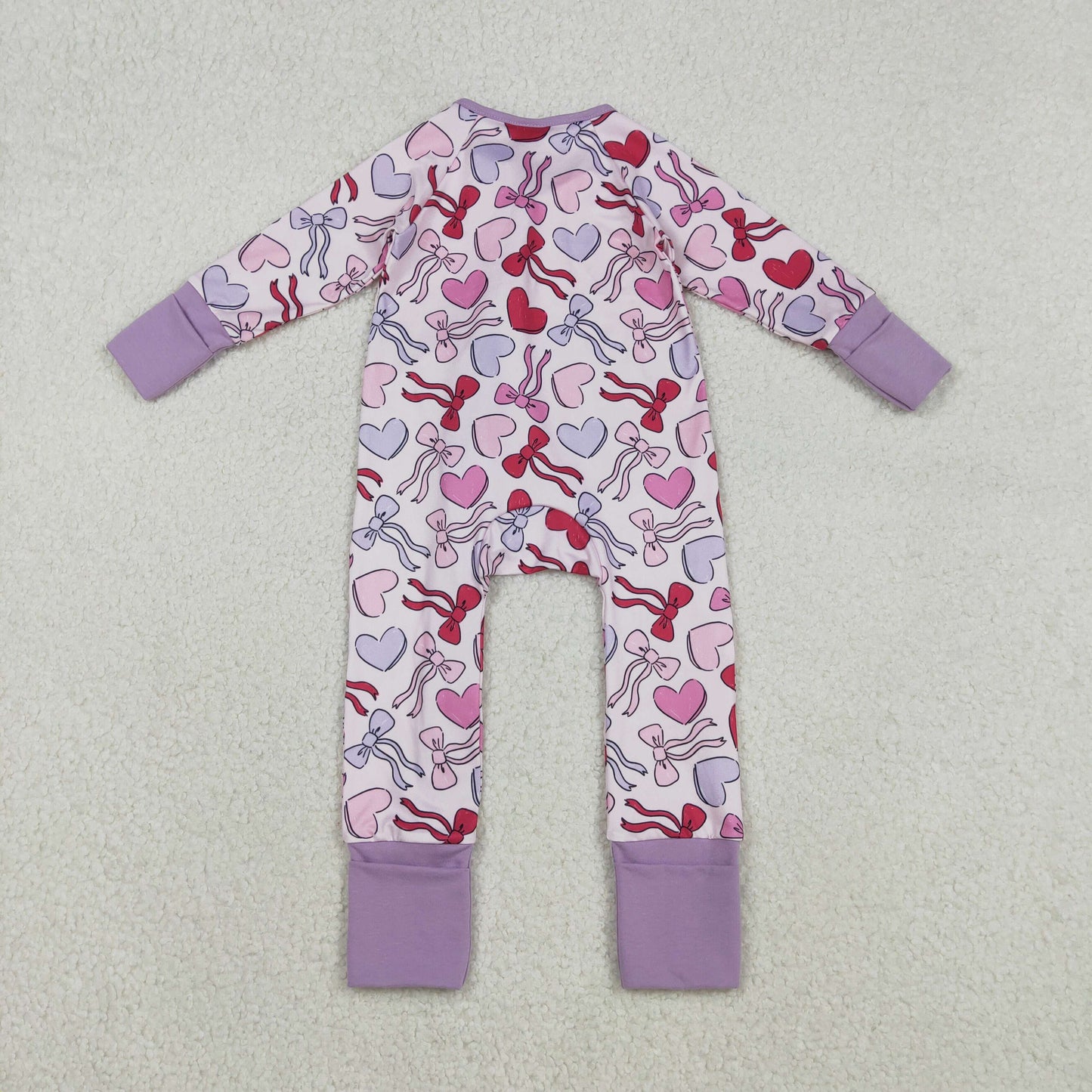 LR2883 Valentine's Day Bows Heart Purple Zipper Long Sleeve Girls Romper