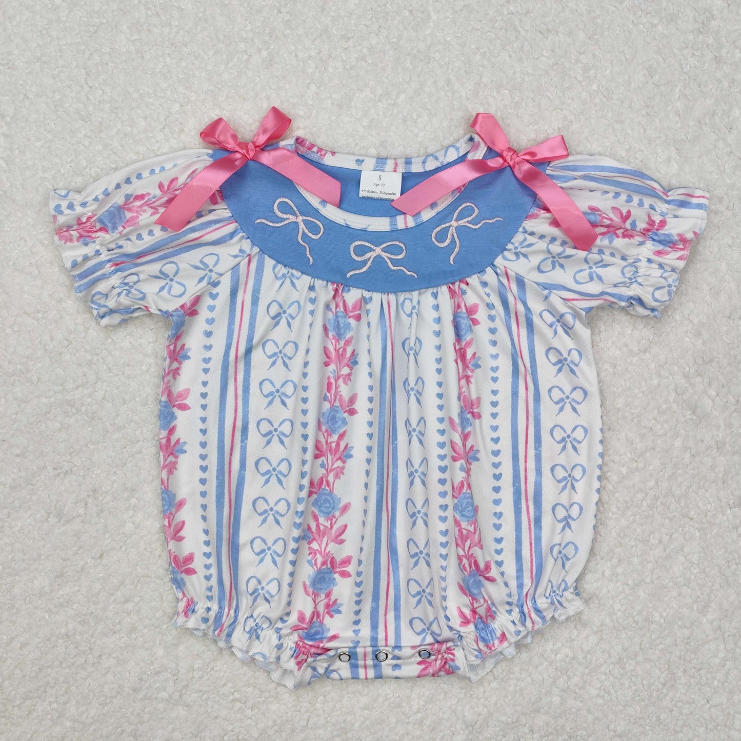 embroidery SR2131 bows pink flowers short sleeve girls romper