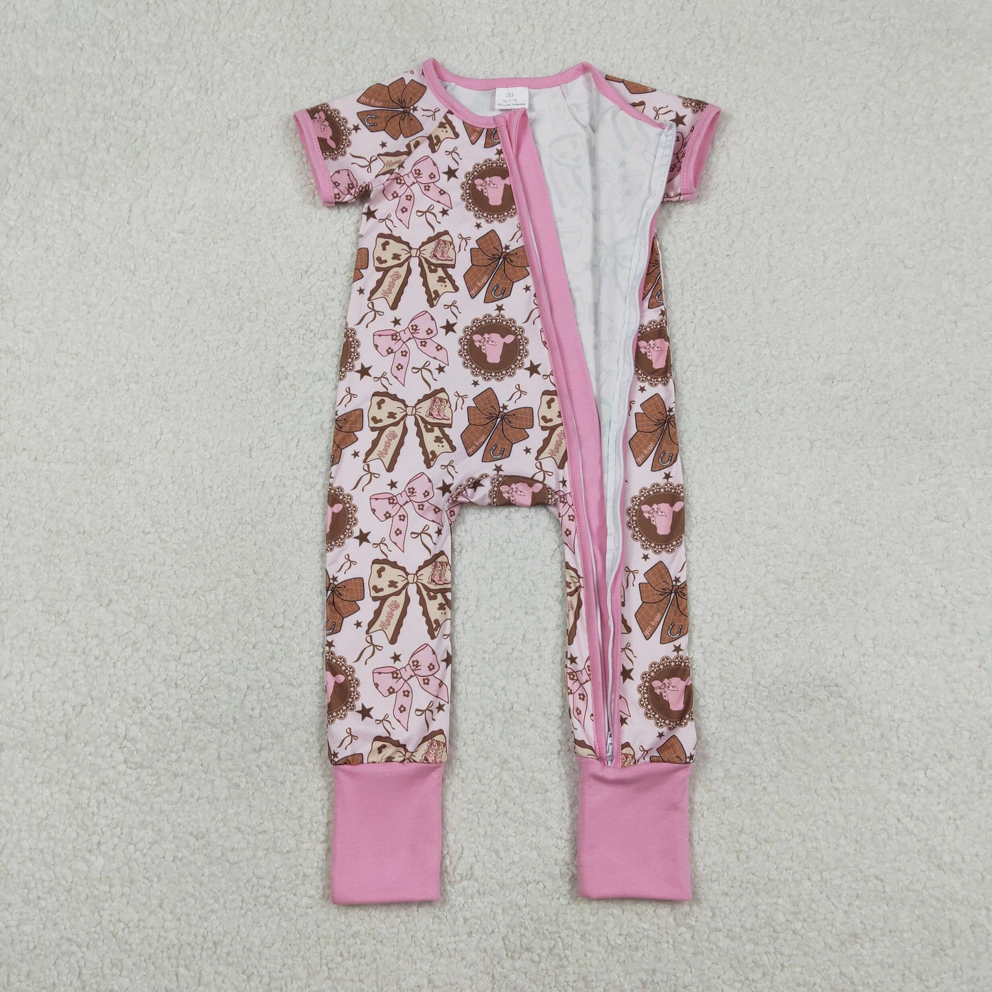 SR3763 Cow Bows Pink Zipper Short Sleeve Girls Romper