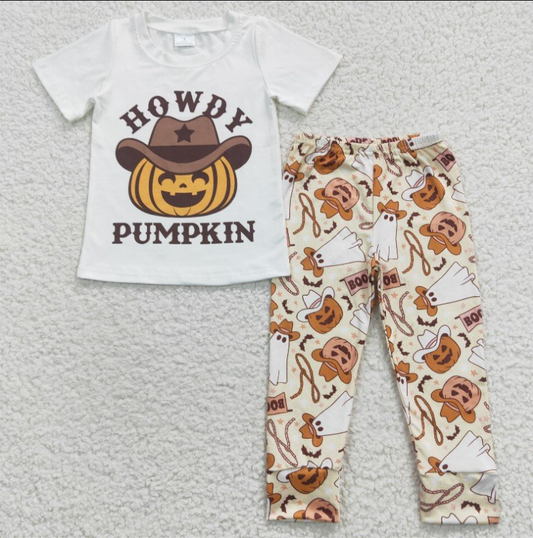 BSPO0130 Halloween Howdy Pumpkin Short Sleeves BOO Ghost Pants Boys Clothes