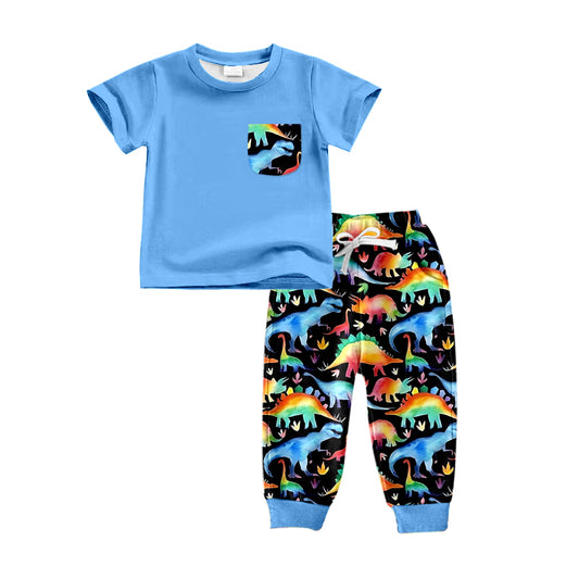 preorder Colorful dinosaur blue pocket short sleeve pants boys set