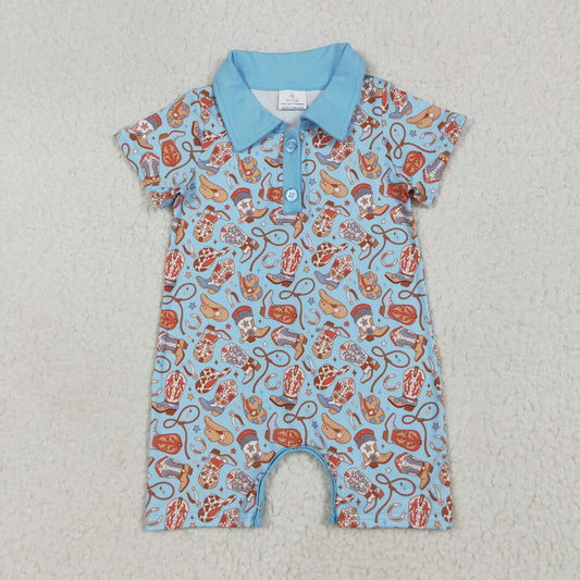 SR3128 Western boots hat blue short sleeve boys romper