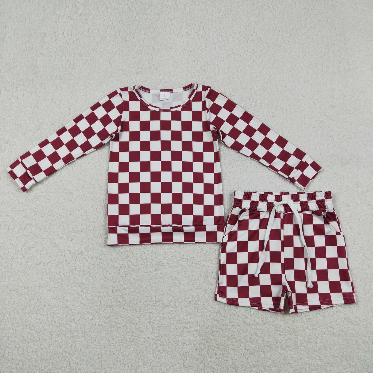 GLS0053 Maroon Checkered Long Sleeve Shorts Girls Set