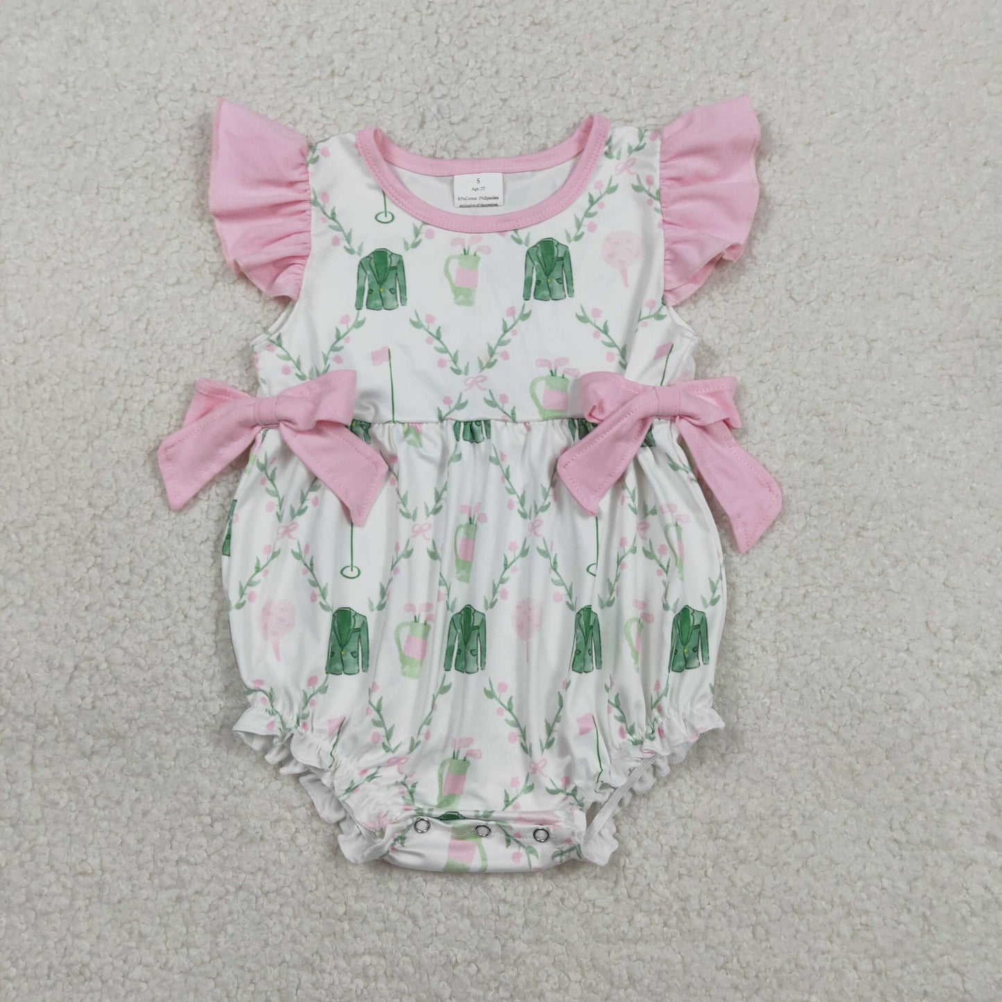 SR3842 Green Golf Flowers Flutter Sleeve Girls Romper