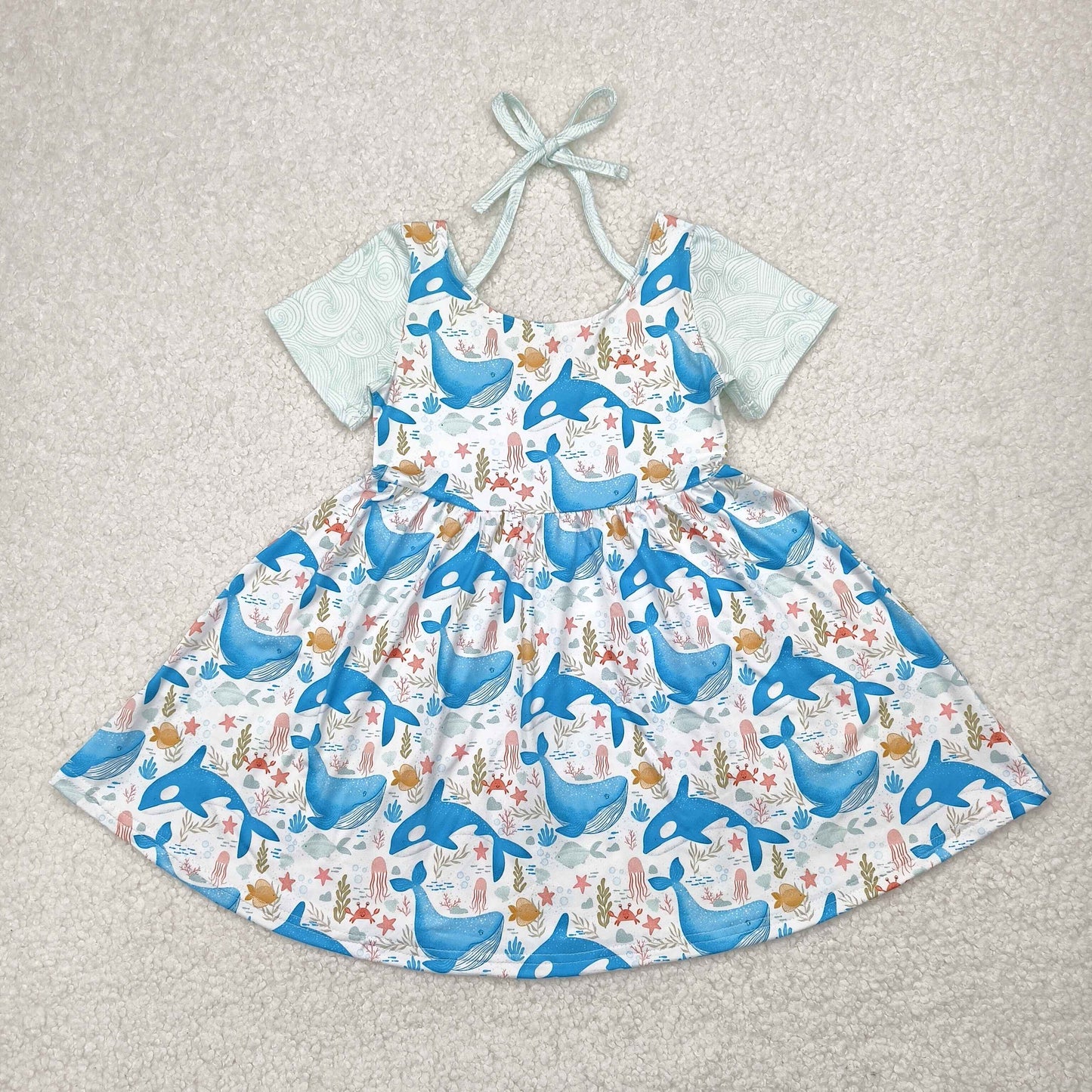 GSD2011 blue cute whale flowers short sleeve girls dress