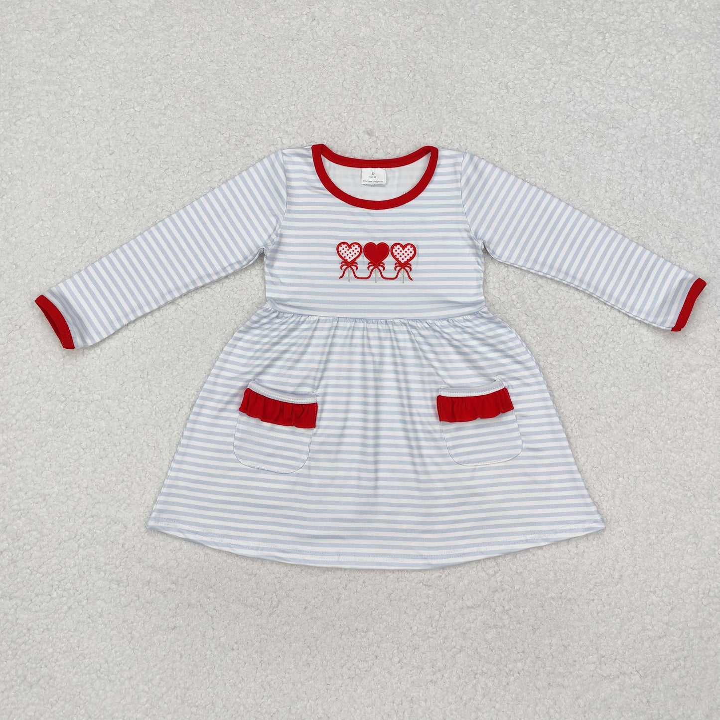 embroidery GLD0884 Valentine Day heart striped pockets long sleeve girls dress