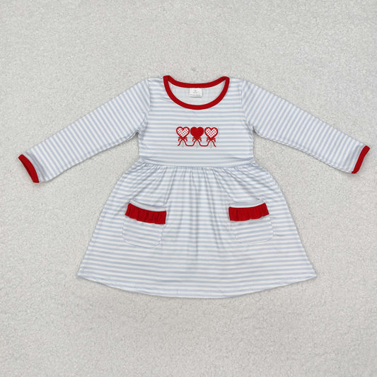 embroidery GLD0884 Valentine Day heart striped pockets long sleeve girls dress