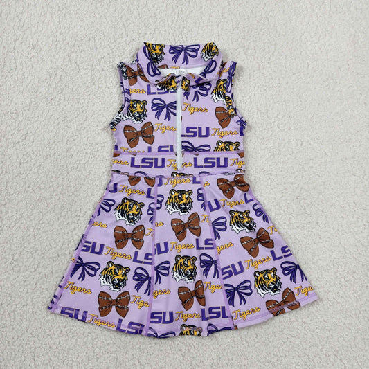 GSD3604 Yoga Team Bows Tiger Purple Zipper Sleeveless Skorts Girls Dress