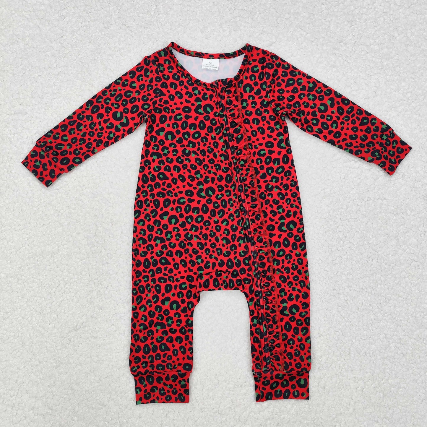 LR1962 red leopard long sleeve zipper girls romper