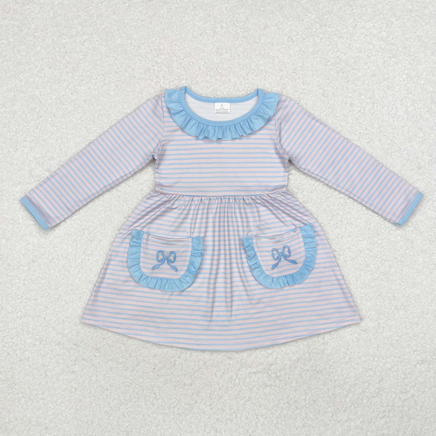 embroidery GLD0679 blue bows striped pink long sleeve girls dress