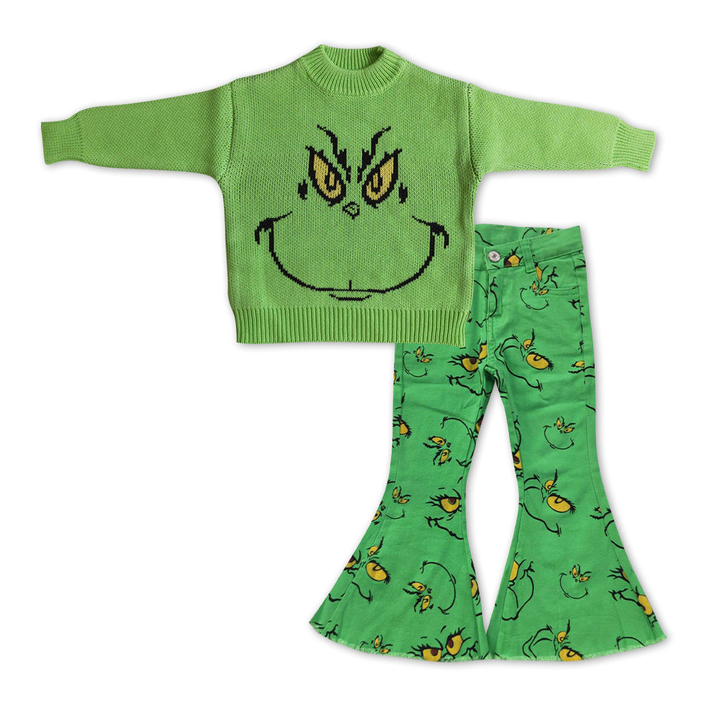 Christmas green face long sleeve sweater green denim pants girls set