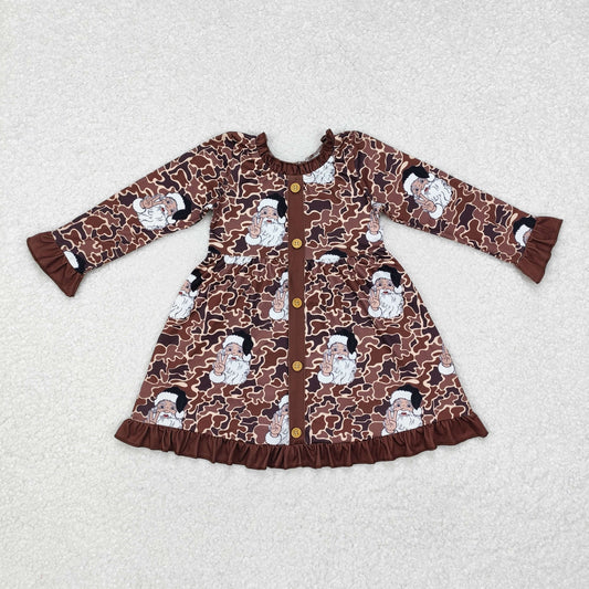 GLD0910 Christmas Santa brown camo long sleeve girls dress girls gown