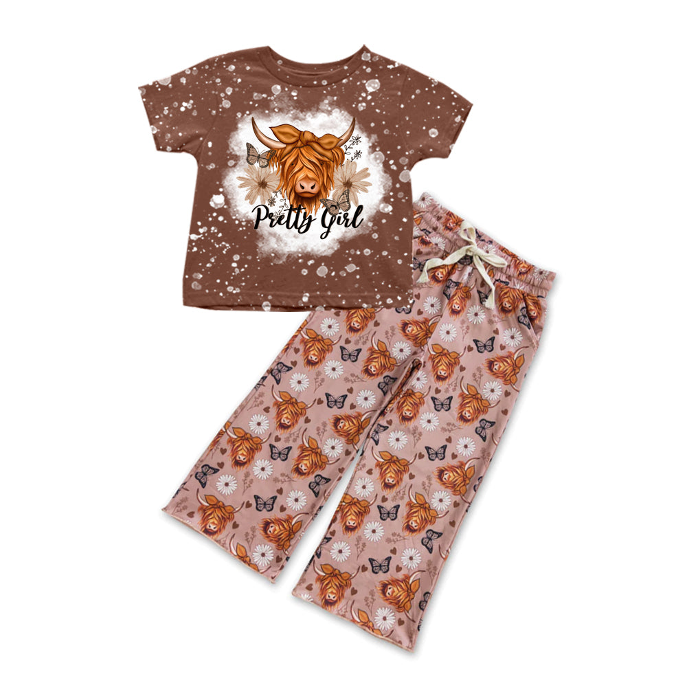 custom Moq 3 Pretty Girl Western Highland Cow Brown Short Sleeve Flowers Pink Pants Girls Set