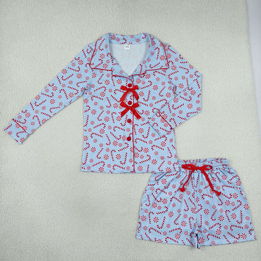 GLS0116 Christmas Candy Cane Long Sleeve Shorts Adult Women Pajamas