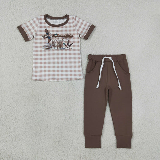 BSPO0689 Hunting Mallard Duck Checkered Short Sleeve Pants Boys Set