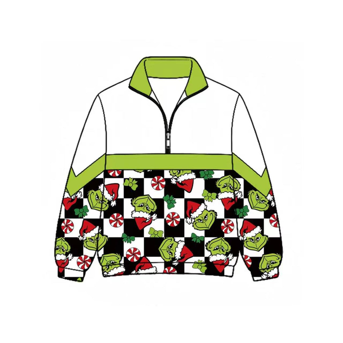 preorder BT1870 Christmas Green Face Checkered Zipper Long Sleeve Boys Top