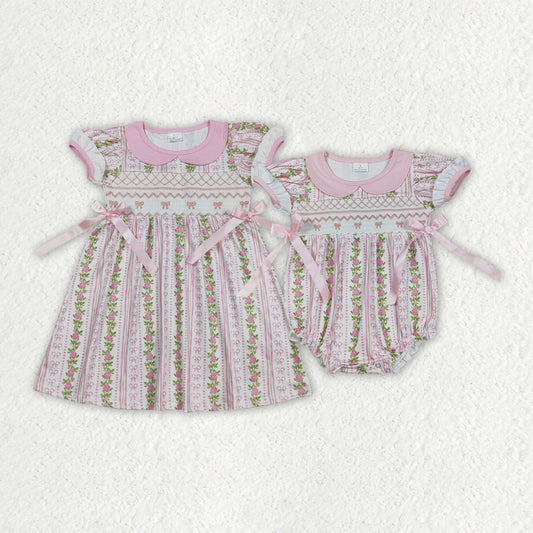 Smocked embroidery pink bows flowers RTS Sibling Clothes